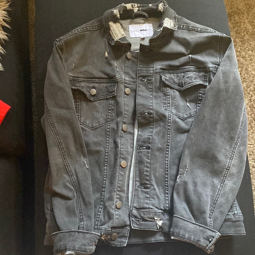 Men’s black distressed denim jacket